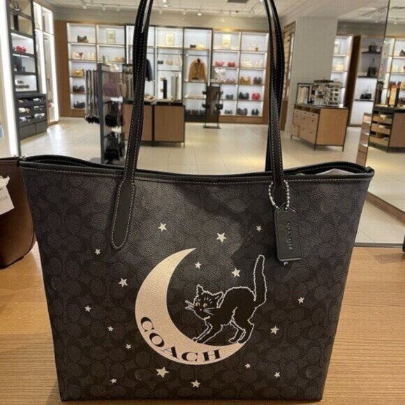 Coach Black Tote with Cat and Moon Motif - Picture 2 of 4